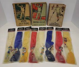 lot 152 image: 4 Antique Horatio Alger, Jr Books  1910 A Cousins Conspiracy, Risen from the Ranks, & Bound to Rise - and 8 New Old Stock Unopened Jeweled Teacher Bookmarks Still Sealed in Packages