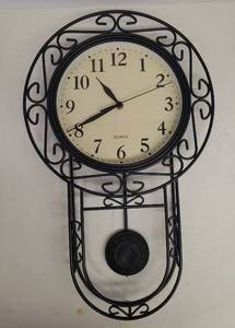 lot 157 image: Large Bronze Tone Scroll Metal Pendulum Wall Clock - Battery Operated - Removable Pendulum - 20in T x 12.5in W x 2in T