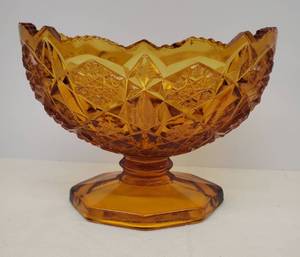 lot 159 image: Vintage 1960s Kemple Wheaton Honey Amber Pedestal CompoteFruitCenterpiece Bowl with Sawtooth Edge - 8.5in W x 6.5in D x 6.5in T