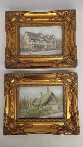 lot 168 image: Pair of Vintage English Village & Countryside Cottage Artwork - Custom Antique Gold Frames - 10.5in W x 8.5in T