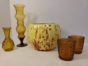 lot 170 image: Vintage 1960s Amber Glass Pair of Hobnail Votive Cups 2.5in T, Pressed Diamond Cut Desing Mini Bud Vase 4in T, Hand Blown Hobnail Bulbous Ruffled Rim Tall Footed Bud Vase - 8in T, and 1960s Speckle Drip Glaze Stoneware Planter - 6in W x 4.5in T