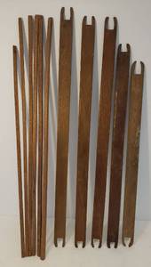 lot 171 image: Antique Wood Stick Shuttles for Hand Loom Weaving - longest is 20in L, and Wood Spacer Sticks for Weaving Loom