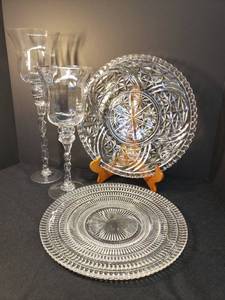 lot 175 image: Vintage 12.5 in Pressed Glass  - Cake PlatesSandwich Trays Hazel Atlas Ribbed Pattern & Anchor Hocking Stars and BarsRainbow Stars Patten, and Set of 2 Tall Twised Stem Crystal Candle Goblets - 12.5in T and 15.5in T