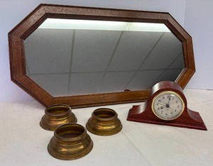 lot 126 image: Solid Red Wood Mini Mantle Clock - Quartz Movement - Battery Operated - Made in USA - 7.25in L x 4.25in W x 2.75in D, 3 Brass Candle Cup Holders - 3.25in W x 1.25in T, and Oak Wood Frame Wall Mirror 22.25in L x 11.25in W - Hang Vertically or Horizontally