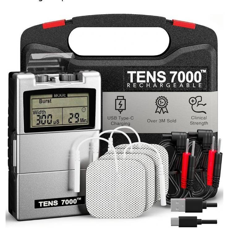 lot 57377 image: 7000 Rechargeable Tens Unit Muscle Stimulator, Back Pain Relief, 4 ElectrodesUnit Pads, Period Pain Simulator, Muscle Recovery & Growth, Stim Machine, Electrotherapy, TENS Machine - Retail $45