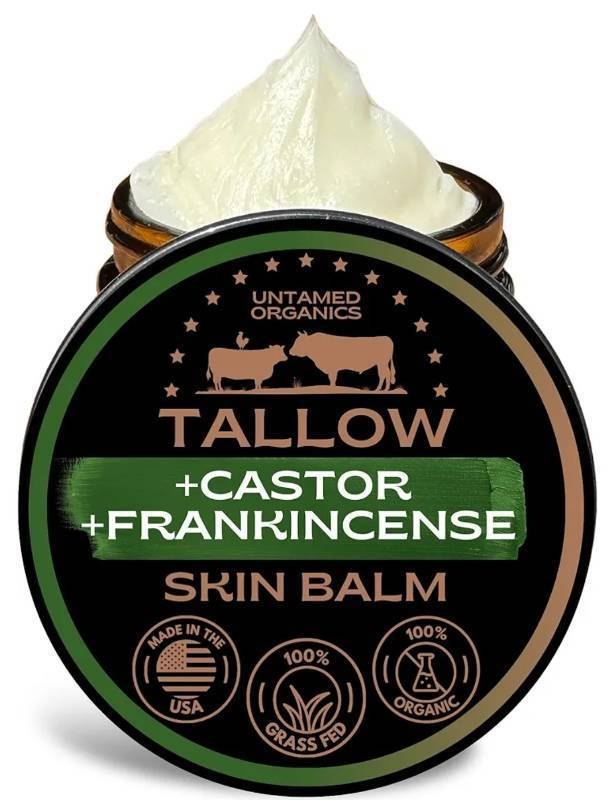 lot 57616 image: Untamed Organics Handmade Tallow, Castor Oil, and Frankincense Oil Skin Balm - 100% Grass-Fed Tallow for Skin Care - Face & Body Moisturizer for Sensitive Skin, Eczema All-Purpose Balm - 2 FL. oz. - Retail $19
