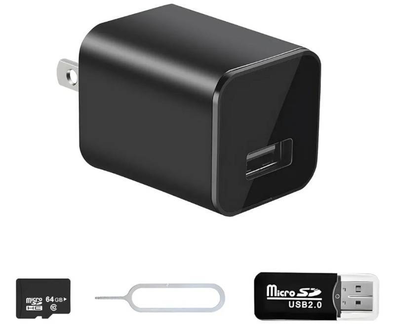 lot 57617 image: Charger Camera - Video-Only 1080P Small Camera with Motion Detection - Nanny Cam for Home Indoor Security - 64GB Micro SD Card Included - No WiFi - Retail $33