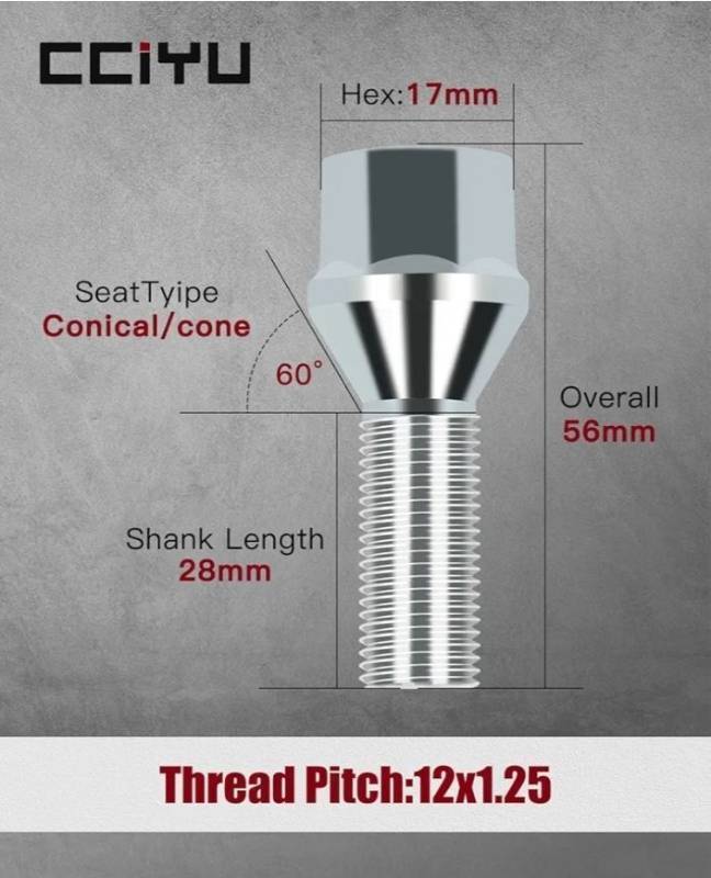 lot 57642 image: M12x1.25 Lug Nuts 20Pcs Wheel Lug Bolts 12x1.25 Shank 28mm Hex 17mm Chrome Lug Nuts Set fit for Jeep for Cherokee for Renegade for Compass for Dodge for Dart for Chrysler 200 for - Retail $20