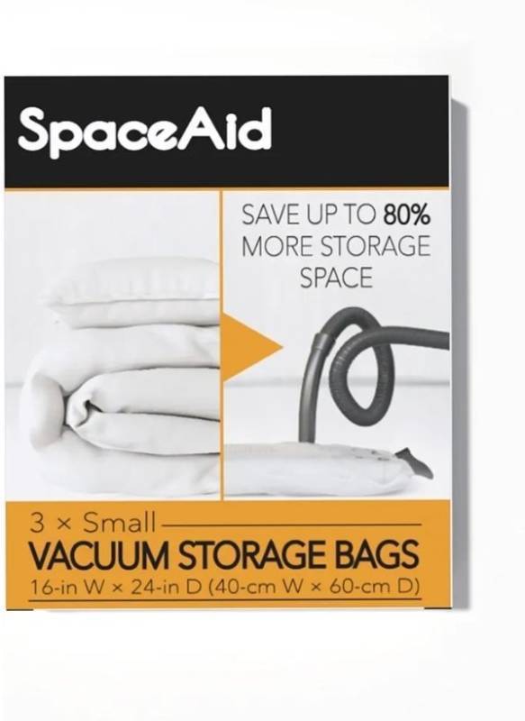lot 57718 image: Vacuum Storage Bags, Space Saver Sealer Compression Bags for Comforters, Blankets, Pillows, Bedding, Clothes (Small 3 Pack) - Retail $10