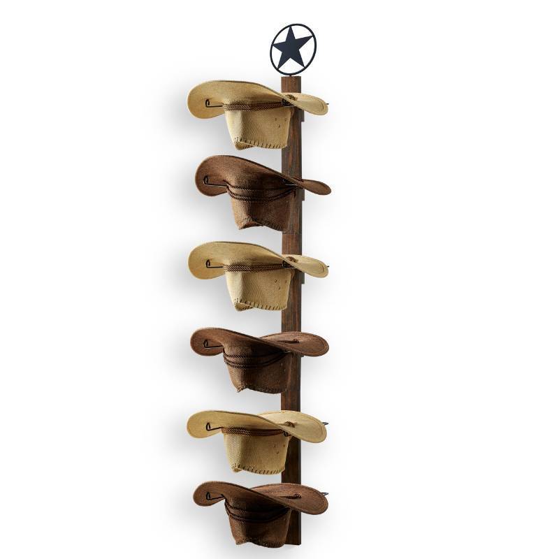 lot 57749 image: Cowboy Hat Holder, Cowboy Hat Rack for Wall, 6-Piece Wall-Mount Western Hat Organizer with Wooden Board Storage Hat Holder Organizer - Retail $26