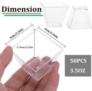 lot 37442 image: 50Pcs Square Mini Plastic Dessert Cups,3.5Oz Clear Plastic Parfait Appetizer Cup for Desserts, Appetizers, Ice Cream - Retail $10