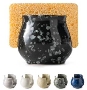 lot 37447 image: Kitchen Sponge Holder, Ceramic Dish Sponge Holder Kitchen Sink Organizer Farmhouse Brush Holder Dish Rack for Bathroom, Kitchen, Sink, Black - Retail $15