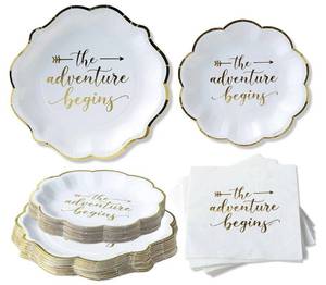 lot 37458 image: Kate Aspen The Adventure Begins Wedding Paper Plates and Napkins Set - 72 Piece Wedding Plates Disposable Party Tableware for 24 Guests - Bridal Shower Decorations, Engagement Party Decor - Retail $19