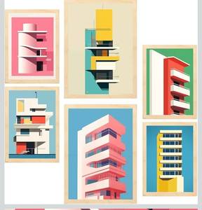 lot 37489 image: Set of 5 Bauhaus Architecture Pink Red Green Aul Pictures with Design Illustration for Home Wall Decoration Bedroom Office Shop A3 A4 Light Wood Frame - Retail $15