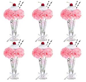 lot 37495 image: 6 Sets Pink Carnations Artificial Flowers, 50s Theme Party Decorations Include White Pink Carnation Lifelike Cherries and Paper Straws for Sock Hop Rock and Roll Grease Party Decorations - Retail $17
