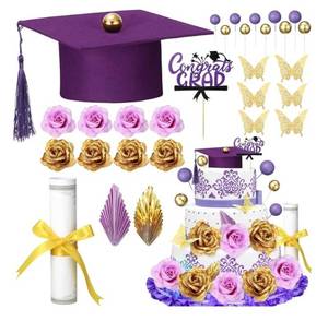 lot 37496 image: Graduation Cake Kit Included Felt Graduation Cap Diploma Classic Black Congrats Grad Cupcake Toppers Beads Leaf Flowers Cake Decorations for Class of 2026 Party(Purple and Gold) - Retail $17