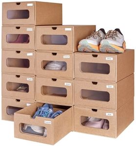 lot 37497 image: 12 Pack Shoe Storage Bins, Waterproof Storage Boxes, Shoe Containers For Sneaker Display, Hat Organizer, Stack-able Cardboard Boxes, with Marking Labels, Transparent Window(13.2 x 8.3 x 5.1) - Retail $25