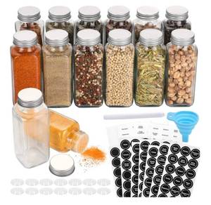 lot 37499 image: 14 Pcs Glass Spice Jars with Spice Labels - 8oz Empty Square Spice Bottles - Shaker Lids and Airtight Metal Caps - Chalk Marker and Silicone Collapsible Funnel Included - Retail $18