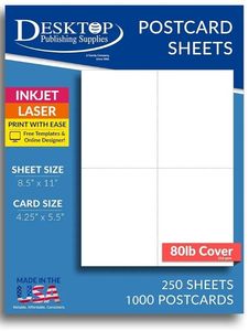 lot 37500 image: Heavyweight Blank Postcard Paper for Printing - White - 250 Sheets  1000 Postcards - Perforated 4 per sheet - Thick 80lb Cover Cardstock - InkjetLaser Printable - Retail $40