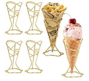 lot 37501 image: 4 Pack Ice Cream Cone Holders, Single Metal French Fries Stands, Individual Waffle Pizza Charcuterie Cone Holder, Food Cone Display Stands for Kitchen Restaurant Party Supplies, Golden - Retail $17