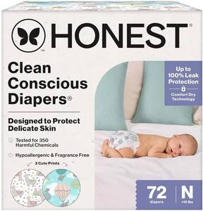 lot 37507 image: The Honest Company Comfort Dry Disposable Daytime Diapers for Sensitive Skin, Hypoallergenic, Above It All  All the Alpacas, Club Box Size Newborn 72 Count - Retail $27