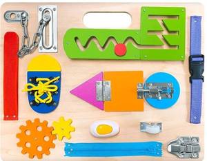 lot 37508 image: Montessori Busy Board for Toddlers, Wooden Sensory Toys, Preschool Learning Activities for Fine Motor Skills Travel Toy, Basic Life Skills Educational Gifts for 1 2 3 Years Old Kids Boys Girls - Retail $20