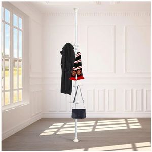 lot 37509 image: Coat Rack Freestanding, Adjustable 56-125 inch Tension Rod Tree 12 Hooks Hanger Stand for Coat Hat Bedroom Livingroom Kitchen Bathroom Apartment Entryway Hall Office white - Retail $23