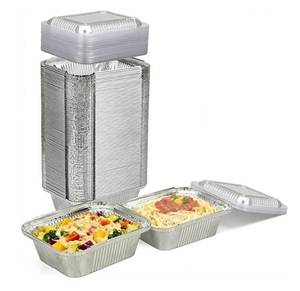 lot 37511 image: Small Disposable Aluminum Pans with Plastic Lids-100 Pack (5x4) 1 Lb Mini Foil Pans with Lids for Catering, Meal Prep, Baking, Roasting, Freezer Safe - Retail $16