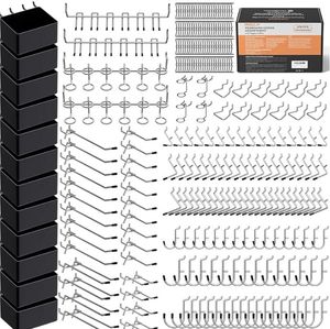 lot 37515 image: 278PCS Pegboard Accessories Organizer Kit, Peg Board Hooks Assortment with Bins for Organizing Various Tools, Fit 18 or 14 inch Pegboard for Hanging Storage, Garage Wall Attachments - Retail $26