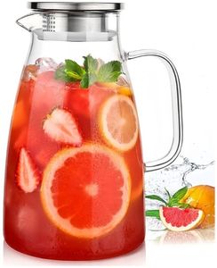 lot 37517 image: Glass Pitcher with Lid, 2 Liter 68oz Water Pitcher with Handle and Spout for Fridge, Borosilicate Glass for Iced Tea, Juice, Sangria, ColdHot Beverage, Large Jug - Retail $15