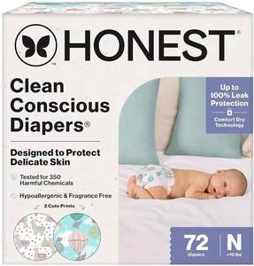 lot 37518 image: The Honest Company Comfort Dry Disposable Daytime Diapers for Sensitive Skin, Hypoallergenic, Above It All  All the Alpacas, Club Box Size Newborn 72 Count - Retail $27