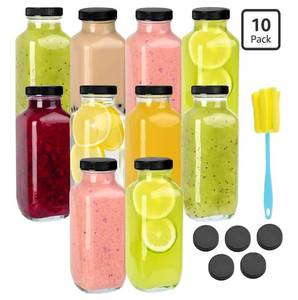 lot 37528 image: 10 Pack 16oz Glass Juice Bottles with Lids - Reusable Juicing Bottles Glass Drinking Jars Containers with Airtight Lids & Cleaning Brush - Perfect for Juicing,Milk,Kombucha, and Storage - Retail $27