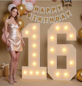 lot 37529 image: Marquee Numbers 16 Light up Numbers 4ft, Pre-Cut Foam Board Kit with Light Bulbs for Sweet 16 Party Decorations, 16th Birthday Decorations for Girls Boys Assembly Required - Retail $46