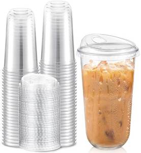 lot 37530 image: 50 Sets Clear Plastic Coffee Cups with Sip Lids, Disposable Plastic PET Crystal Cups for Iced Coffee, Smoothie, Cold Beverage, Drink Shops and Party Catering(Clear,18 oz) - Retail $28