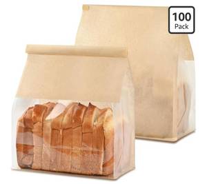 lot 37534 image: 100 PCS Paper Bread Bags for Homemade Breads, 11 x 8.7 x 4.3 Inches Kraft Bakery Bags with Tin Tie Tab Lock Sourdough Bread Bags with Window Baked Foods Packaging - Retail $8