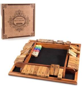 lot 37542 image: 1-4 Players Shut The Box Dice Game, Wooden Board Table Math Game with 12 Dice and Shut-The-Box Instructions for Kids Adults, Family Classroom Home or Pub  - Retail $22