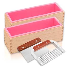 lot 37543 image: 2 pcs Rectangular Soap Molds Kit with Cutters - 42oz Flexible Silicone Loaf Soap Mold with Wooden Box, Stainless Steel Wavy & Straight Scraper for Homemade Craft Soap Making Supplies - Retail $26