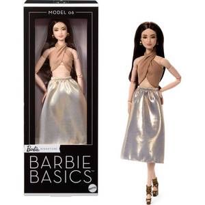 lot 37545 image: Barbie Basics Collectible Doll Model 06 with Brunette Hair in Shimmery Golden Skirt and Halter - Retail $40
