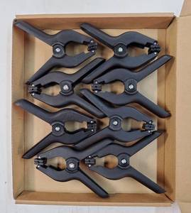 lot 37547 image: Black Plastic Spring Clamps, 8 Pack 4.5 Inch Large Nylon Spring Clips Heavy Duty Clamp with Metal Pins for Backdrop Art Crafts Woodworking Background - Retail $10