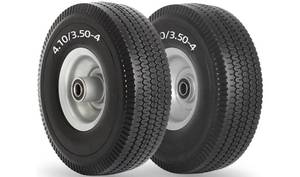 lot 37550 image: 4.103.50-4 Flat Free Tire and Wheel, 10 Solid Tire with 58 Axle Bore Hole, 2.2 Offset Hub for Hand Truck Garden Wagon Cart Trolley Dolly Lawn Mover Replacement - Retail $30