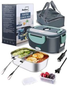 lot 37554 image: Electric Heated Lunch Box, 80W Fast Heating, 1.5L Food-Grade 304 Stainless Steel, 12V24V110V Portable Food Warmer for Car Truck Office Adults, Lonchera Electrica Portatil (Green) - Retail $20