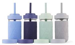 lot 37565 image: Elk and Friends Kids  Toddler Glass Cups  The Original 12oz Glass Mason Jar with Sleeves  Lids  Silicone Straws  Stopper  Smoothie Cup  Food Storage  Spill Resistant  Dishwasher Safe  4 Pack - Retail $36
