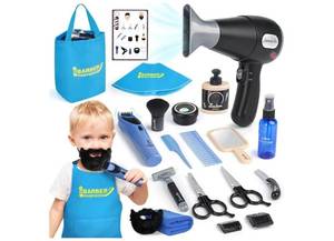 lot 37566 image: Barber Shop Pretend Play Toy, Kids Hair Salon Toys, Kids Shaving Kit for Boys Ages 3 with Blow Dryer, Electric Shaver Toys, Tool Bag and Stylist Shave Barber Accessories for Role Play (Black) - Retail $24