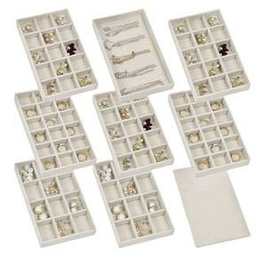 lot 37572 image: Set of 8 Stackable Jewelry Organizer Trays with 1 Lid for Drawer & Dresser Organizer, Adjustable Velvet Jewelry Box Tray Earring Organizer Necklace Storage Ring Bracelet Display Case (Beige) - Retail $20