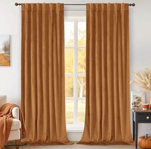 lot 37576 image: Orange Velvet Curtains 84 inches 2 Panels - Luxury Thermal Insulated Blackout Super Soft Fall Decor Rod Pocket and Back Tab Window Curtains for Bedroom Living Room, 52 x 84 Inch, Orange Brown - Retail $39