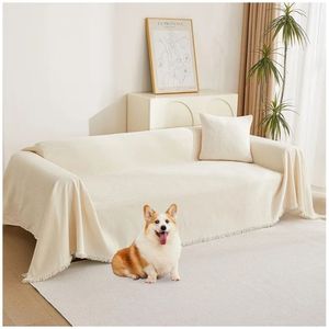lot 37580 image: HOME Couch Cover for Pets, Beige Couch Covers for 2 Cushion Couch Sofa, Sofa Slipcover Sectional L Shape Chenille Covers for Pets, Throw Couch for Dogs, Kids,71 X118 - Retail $33