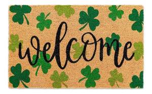 lot 37587 image: Patricks Day Natural Coir Door Mat Gradient Green Shamrock Pattern Welcome Mat Non-Slip Lucky Clover Entrance Door Rugs for Irish Indoor Outdoor Home Bathroom Decor, 16.5 x 29 Inch - Retail $36