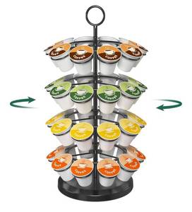 lot 37591 image: K Cup Holder Coffee Pod Organizer Carousel for Counter, Metal Storage Rack Stand for Kitchen, Rotatable 4 Tier Pod Tower Tree for 40 K Cups, Space Saving Meets Elegance - Retail $22