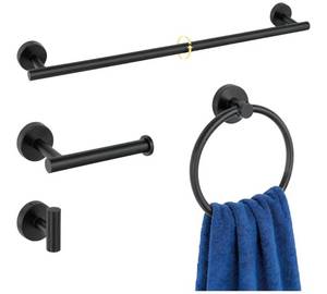 lot 37605 image: 4 Pieces Bathroom Accessories Hardware Set, 24 inch Towel Bar, Towel Ring, Robe Hook, Toilet Paper Holder, Stainless Steel Rack Kit Wall Mounted, Matte Black - Retail $21