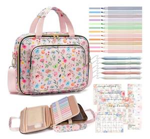 lot 37608 image: Bible Cover Case for Women, Large Bible Bag wShoulder Strap, Bible Study Supplies Journaling Kit Pink Book Carrying Case with Accessories Pastel Highlighter Tab, Christian - Retail $26